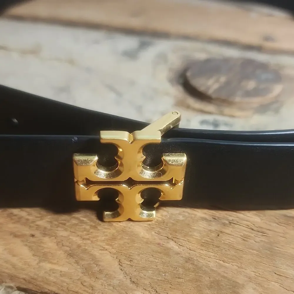 Tory Burch Women’s Skinny Fashion Belt Black/Gold Logo Buckle Adjustable XS